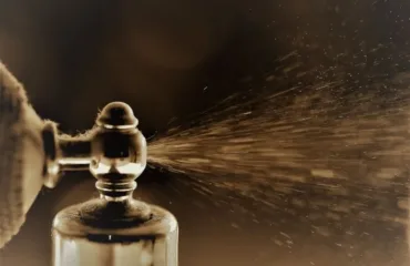 Dukhy nishevi vs masovi chomu eksklyuzyvnyy aromat vidchuvayetsya inakshe Close-up of a spray bottle nozzle releasing a fine mist to the right.