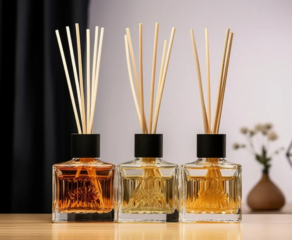 Three square glass reed diffuser bottles with black caps and tall wooden reeds, on a wooden surface.