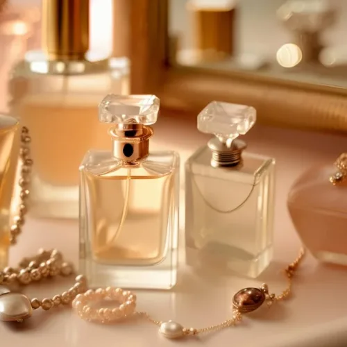 Assorted perfume bottles and delicate jewelry laid out on a vanity, bathed in warm soft light.
