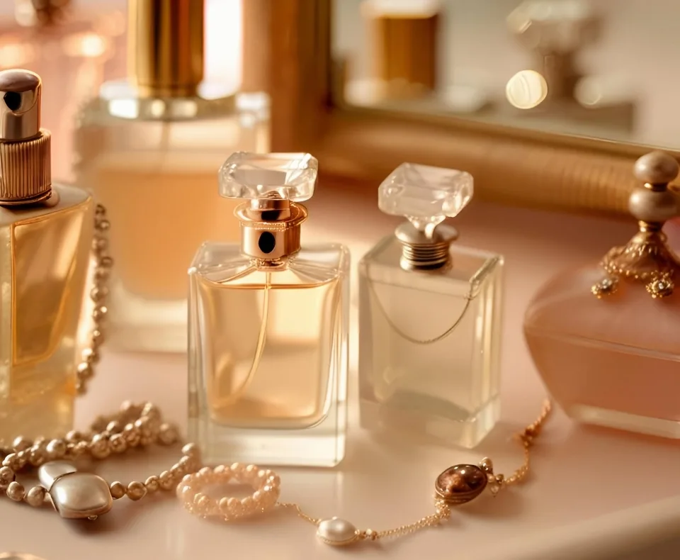 Assorted perfume bottles and delicate jewelry laid out on a vanity, bathed in warm soft light.