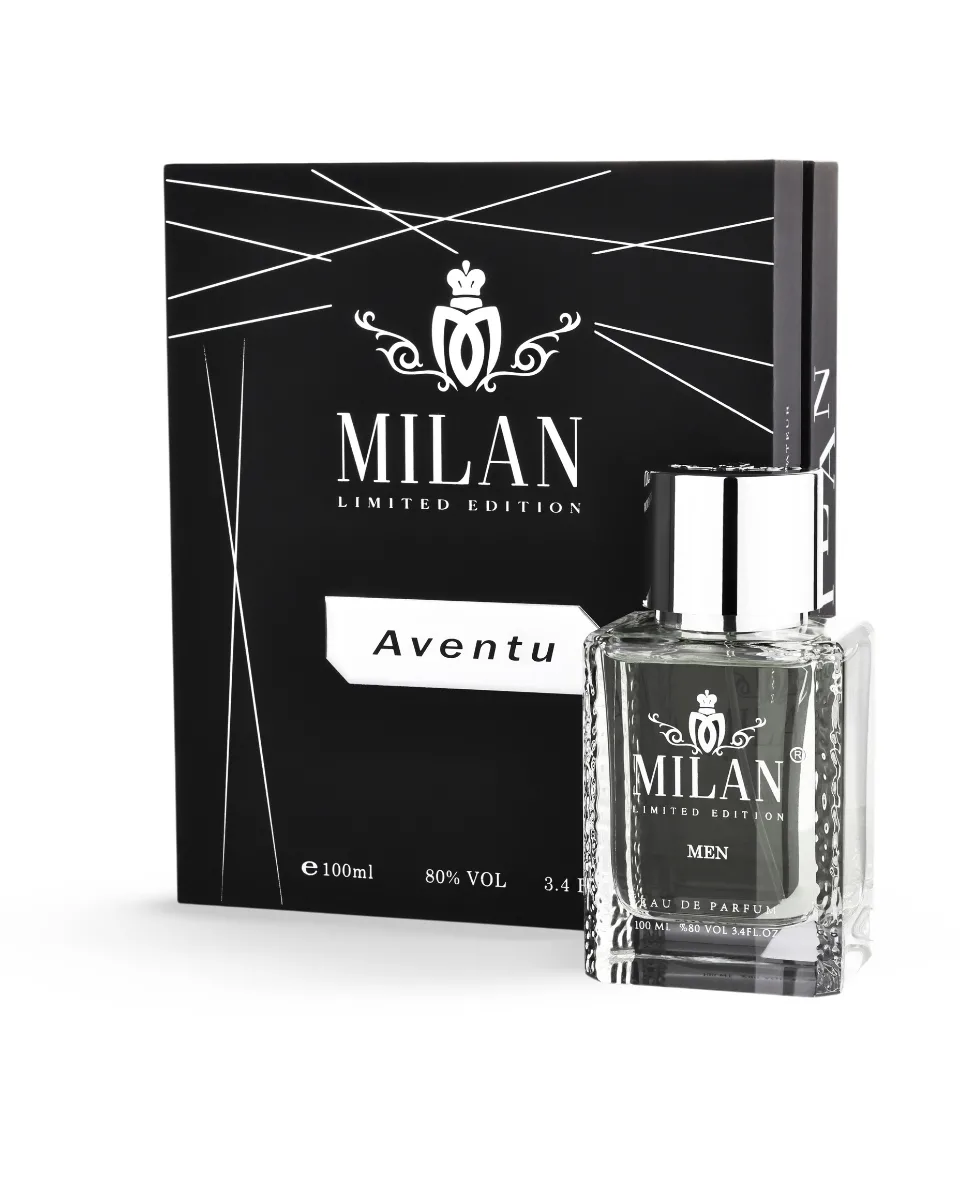 Milan Limited Edition men's perfume bottle with a black box labeled “Aventu” and silver cap behind clear glass bottle