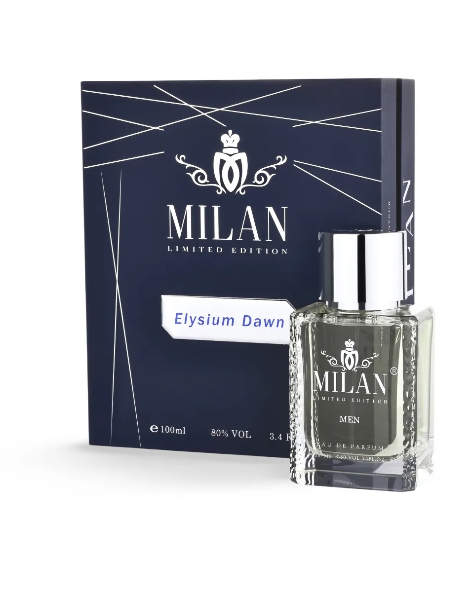 Limited edition Milan Elysium Dawn men perfume bottle beside navy packaging box.