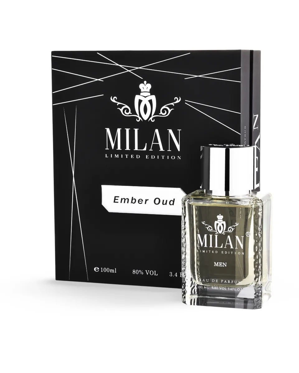 Milan Limited Edition Ember Oud perfume bottle beside a black packaging box labeled Milan.