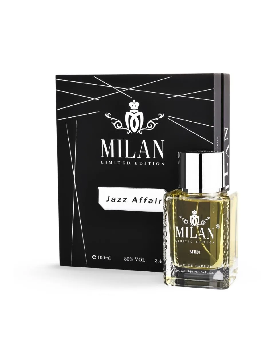 Milan Limited Edition Jazz Affair perfume for men with black box and glass bottle featuring gold liquid