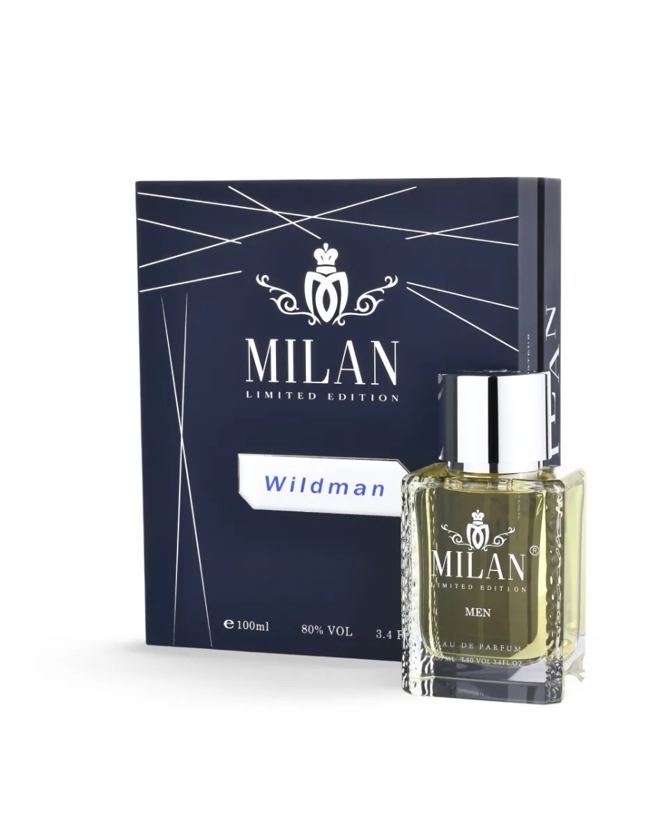 Milan Limited Edition Wildman men’s perfume bottle beside its navy box.