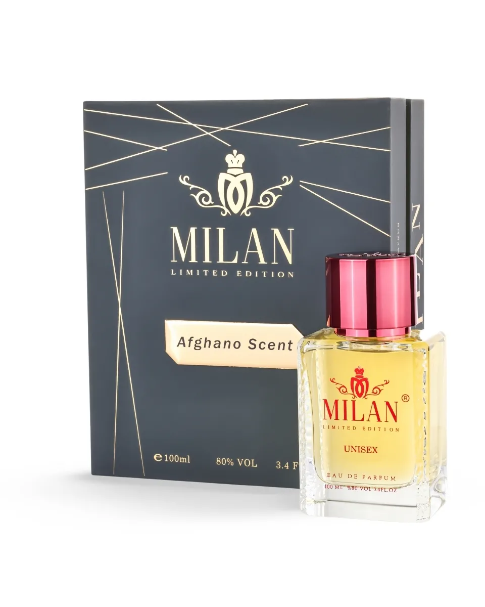 Milan Limited Edition perfume bottle beside a dark blue box labeled Afghano Scent, 100 ml, unisex.