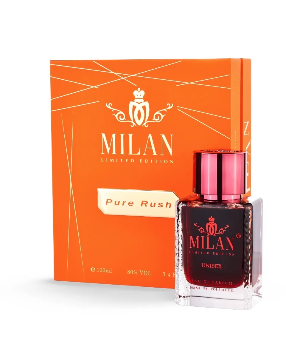 Orange MILAN Limited Edition perfume box with a white logo beside a glass perfume bottle with a pink cap and dark red liquid (unisex, 100 ml).