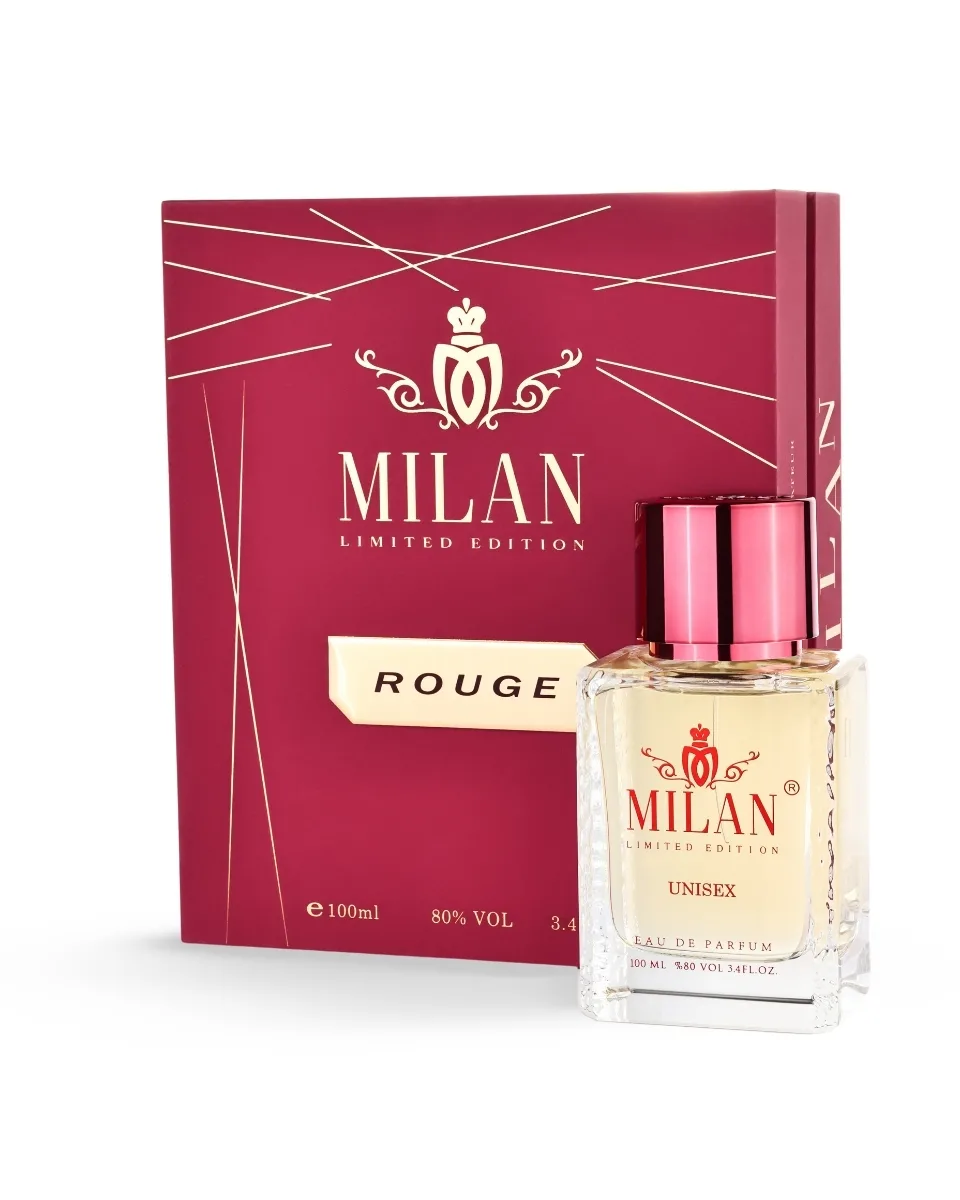 Rouge Milan Limited Edition perfume box with clear bottle labeled Milan Unisex on a white background
