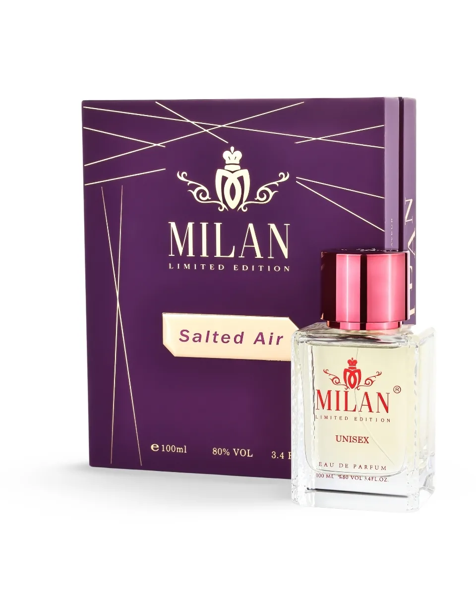 Milan Limited Edition Salted Air perfume box in purple with a clear bottle and pink cap placed beside it