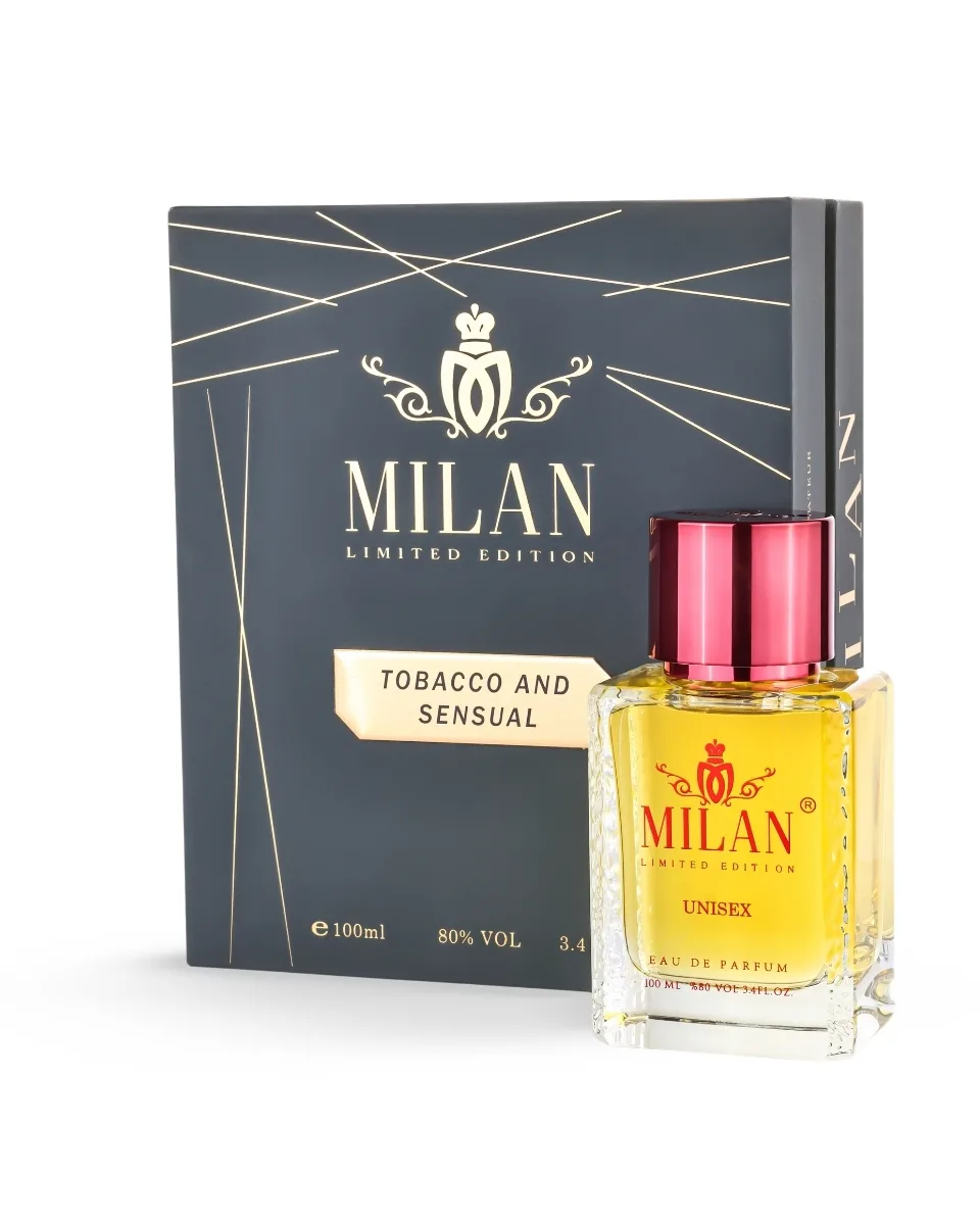 Milan Limited Edition unisex perfume bottle with navy box featuring gold geometric lines and crest logo