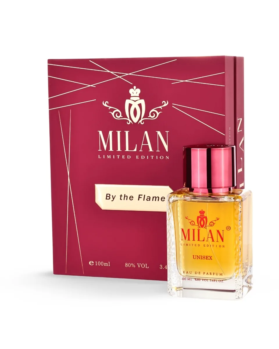 Milan Limited Edition perfume bottle with pink cap beside a burgundy box labeled 'MILAN Limited Edition' and 'By the Flame' ribbon text.