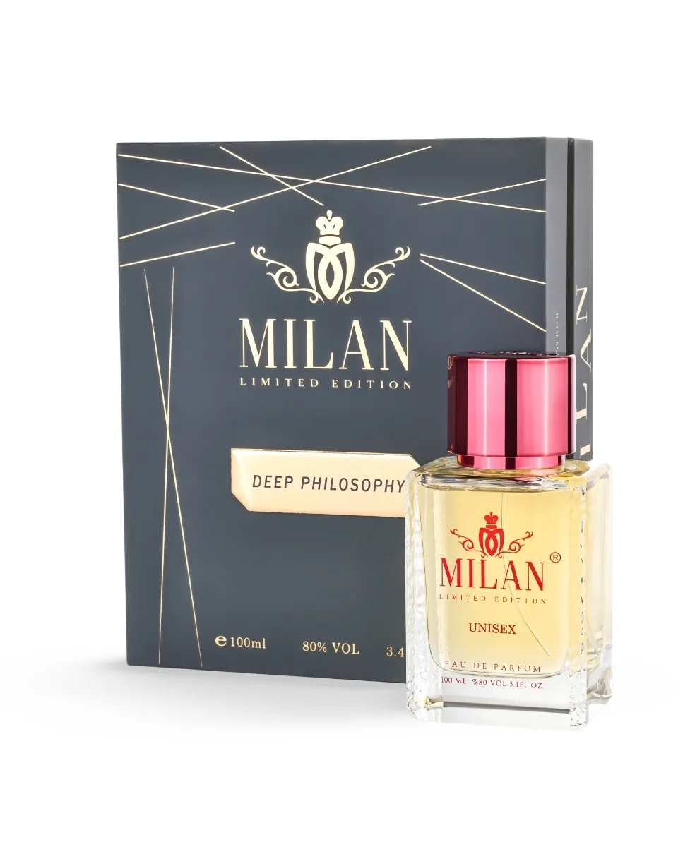 Milán Limited Edition perfume box with matching bottle, deep philosophy scent for unisex, 100 ml Eau de Parfum.