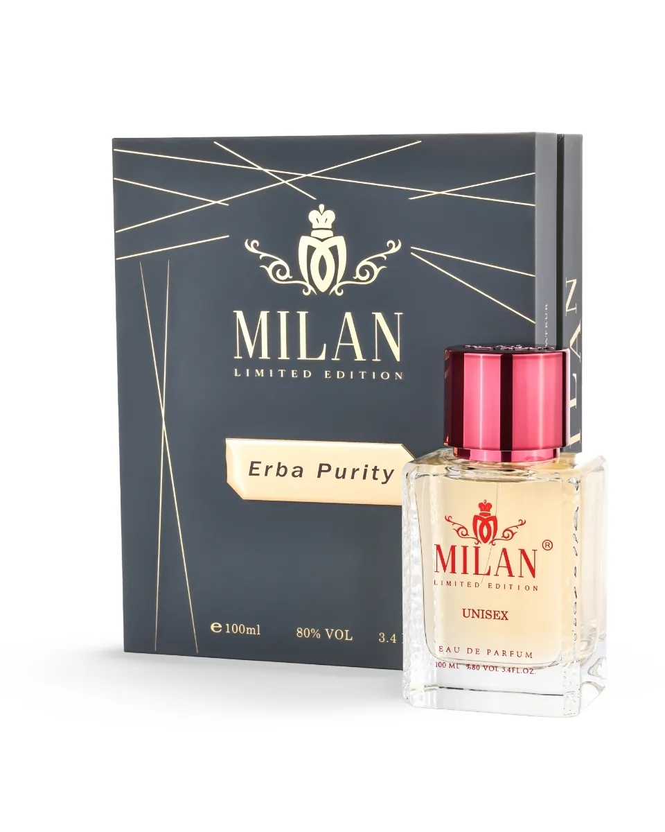 Milan Limited Edition Erba Purity unisex perfume bottle beside a dark blue box with gold branding and lines.