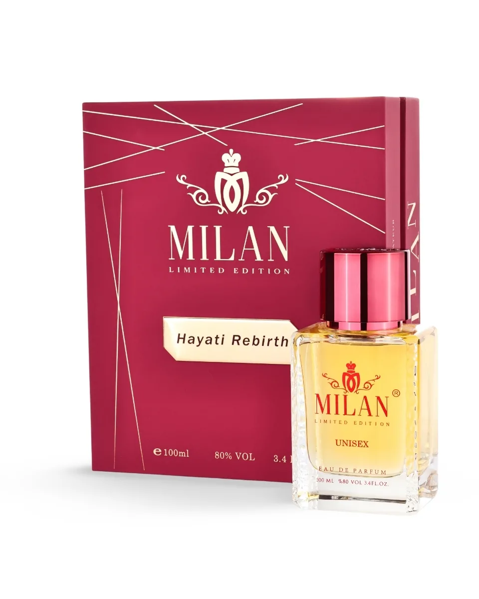 Milan Limited Edition perfume box with pink bottle labeled Hayati Rebirth, 100 ml, unisex fragrance