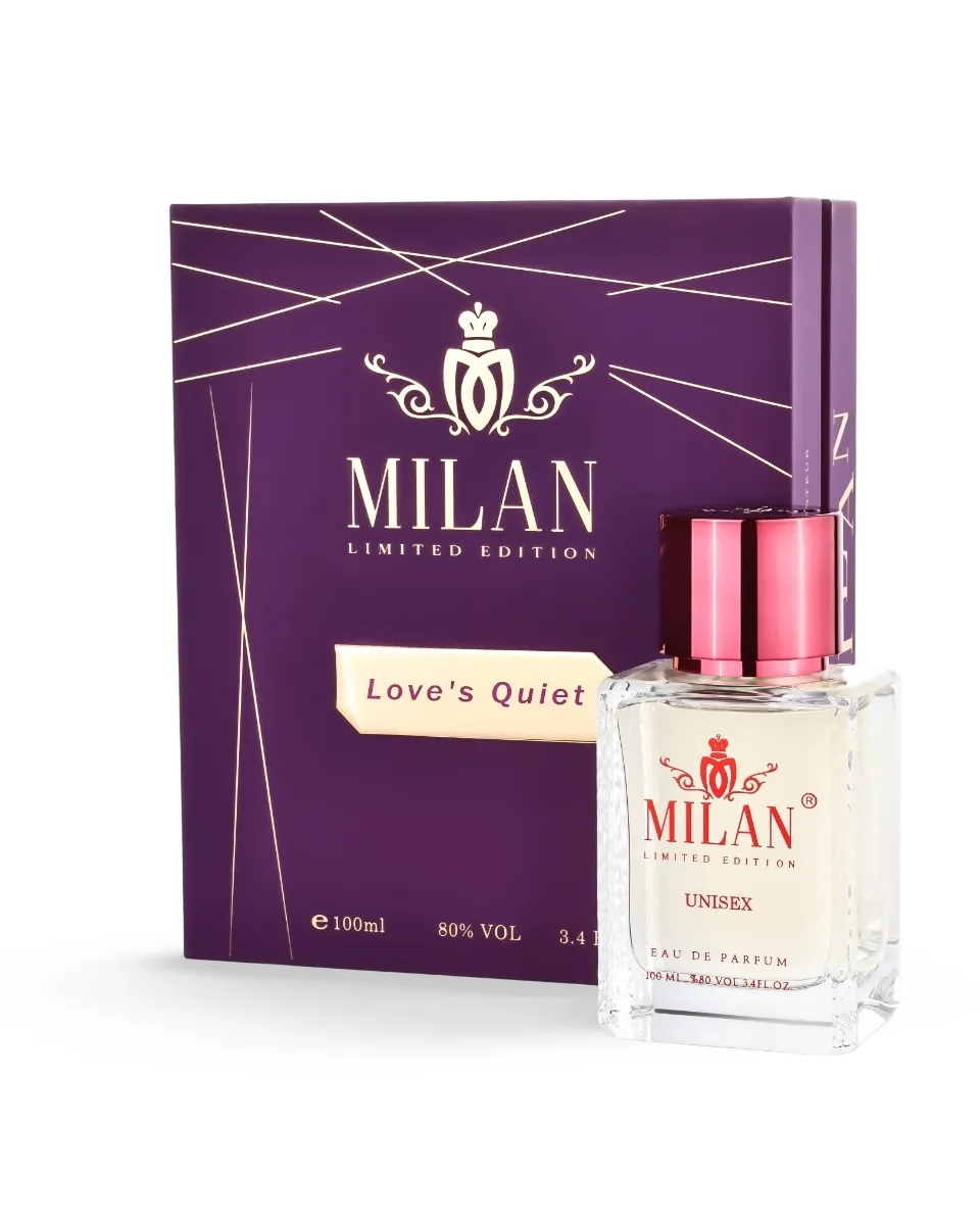 Purple Milan Limited Edition perfume box with gold logo and a clear perfume bottle with pink cap labeled 'MILAN' and 'UNISEX'