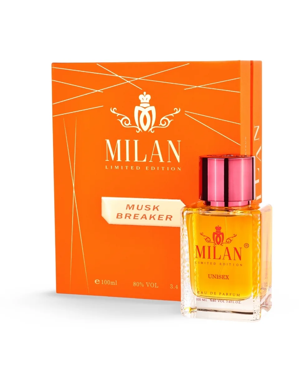 Bright orange Milan Limited Edition perfume box with white lines and a glass perfume bottle in front, pink cap and label 'MILAN'.