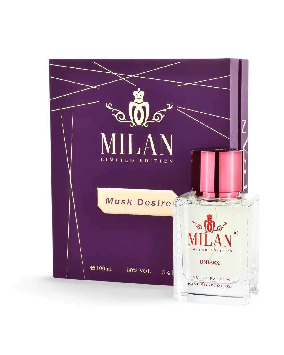 Purple Milan Limited Edition perfume box with a clear glass bottle labeled MILAN Unisex Eau de Parfum and pink cap, 100 ml set.