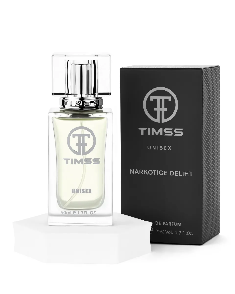 Perfume bottle labeled TIMSS Unisex with a matching black box beside it, 50 ml capacity, product packaging shown.