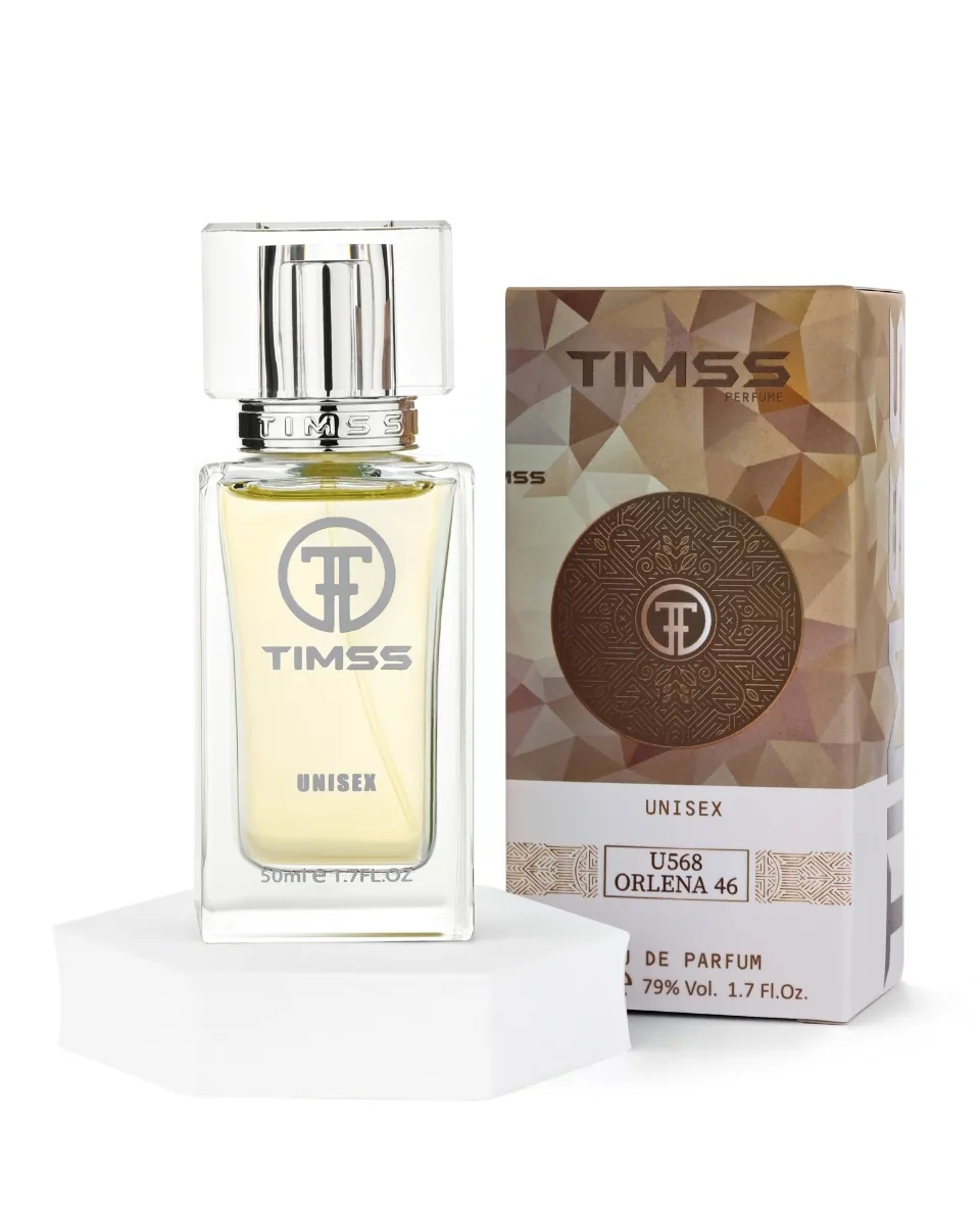 Timss Unisex perfume bottle beside its geometric box, clear glass bottle with pale yellow fragrance and silver cap on a white display stand