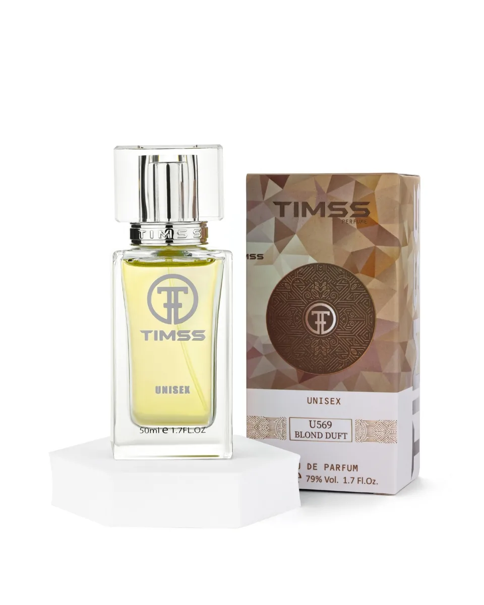Timss unisex perfume bottle with clear glass and silver cap beside geometric-patterned box labeled TIMSS U569 Blond Duft.
