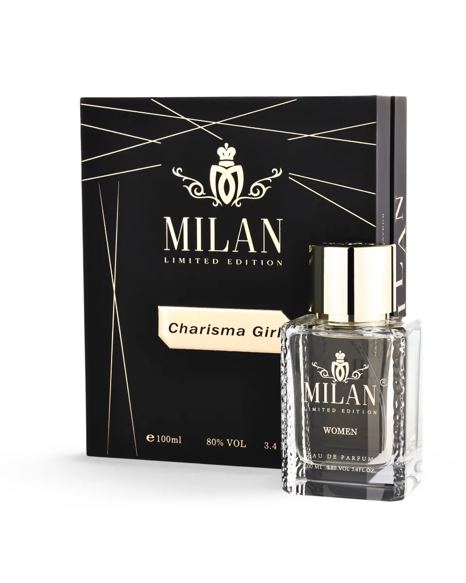 Black Milan Limited Edition perfume box with gold accents and a clear glass perfume bottle labeled MILAN Women next to it.
