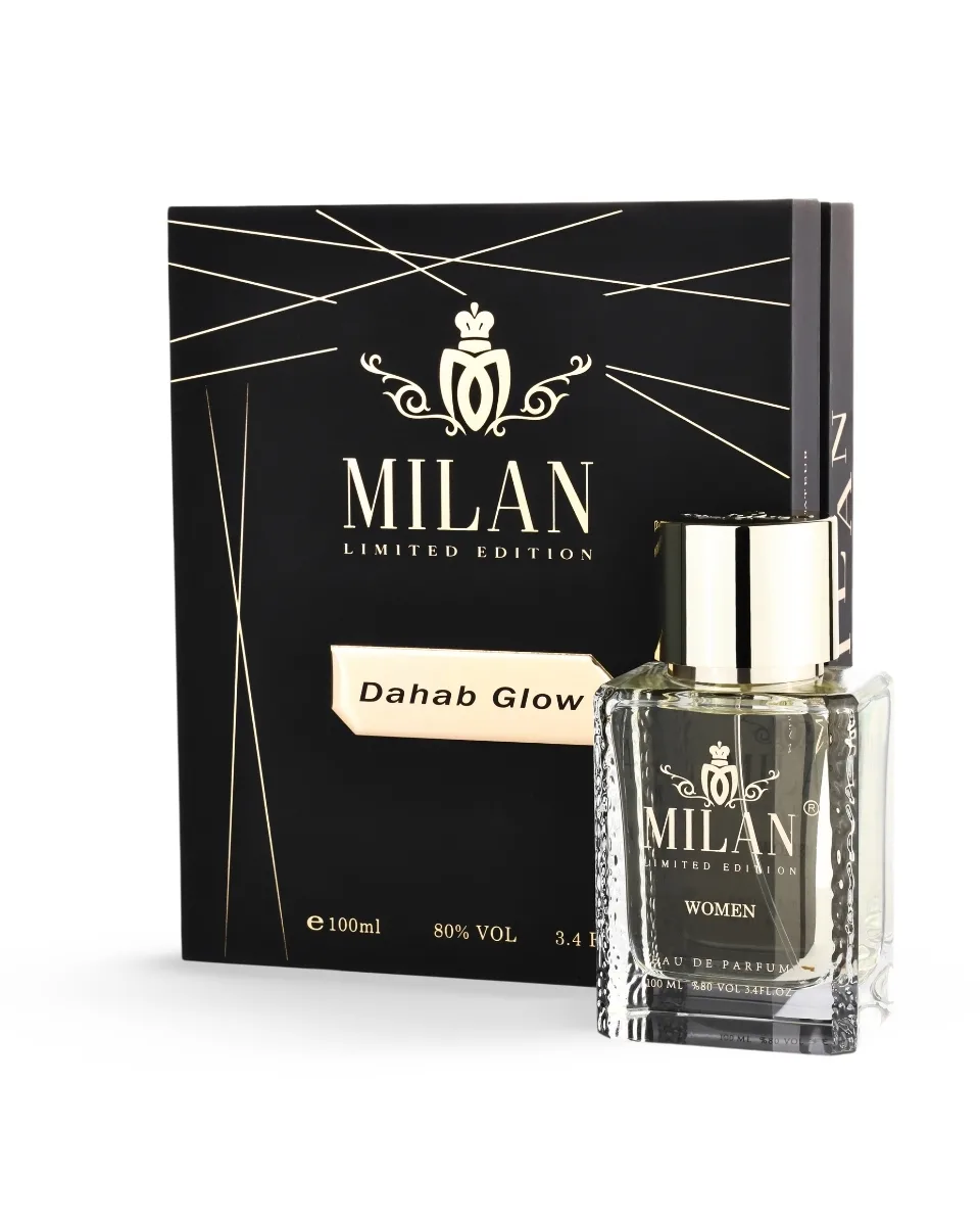Milan Limited Edition perfume box with a glass bottle labeled Dahab Glow for women, gold accents on black packaging