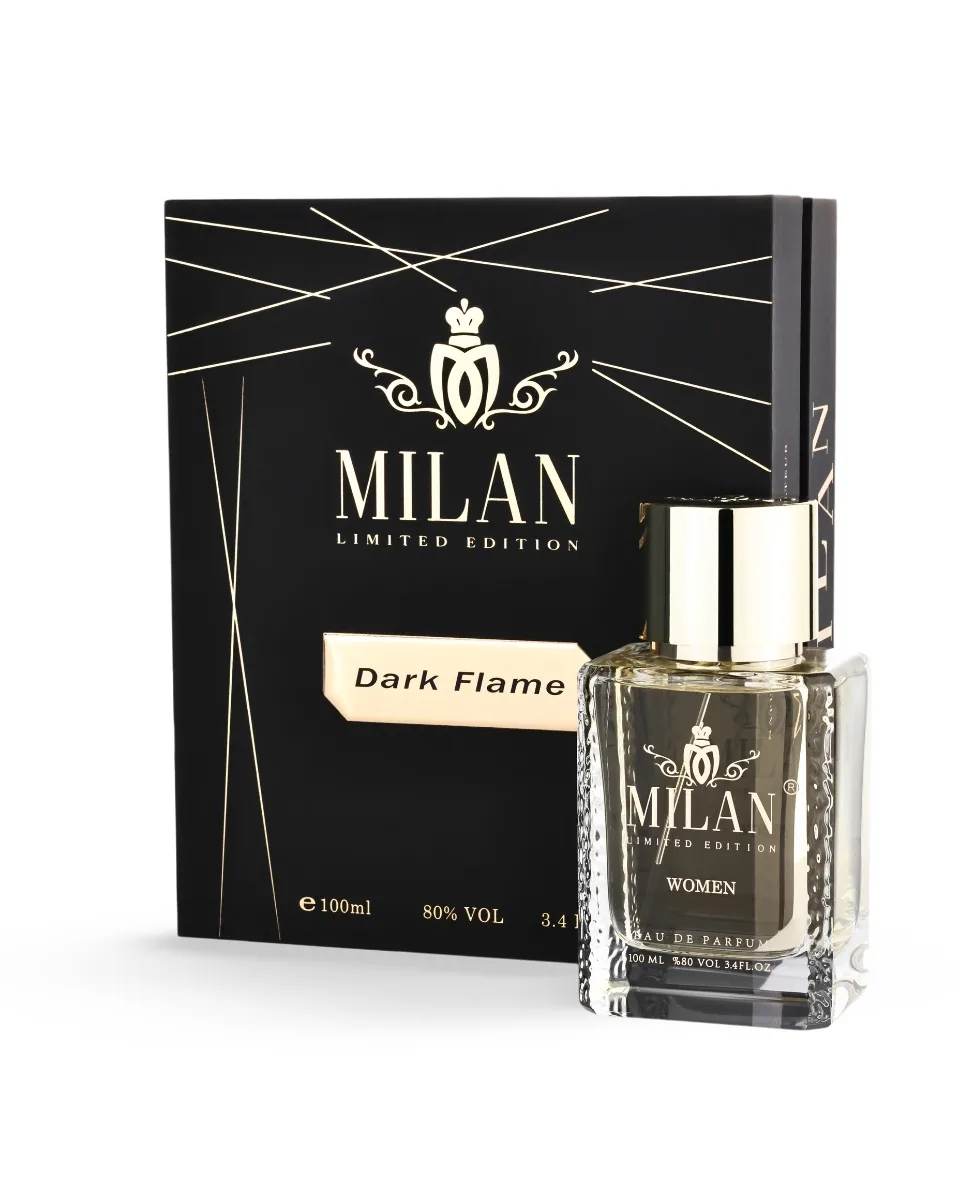 Milan Limited Edition Dark Flame women's perfume set with a black box and a clear glass bottle with gold cap.