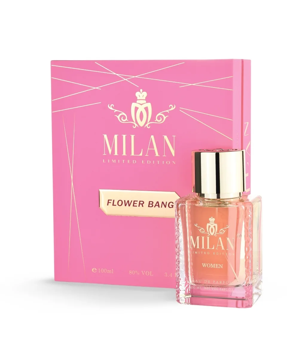 Pink Milan Limited Edition perfume box with a pink glass bottle labeled 'Milan Women' and 'Flower Bang' in front (luxury packaging).
