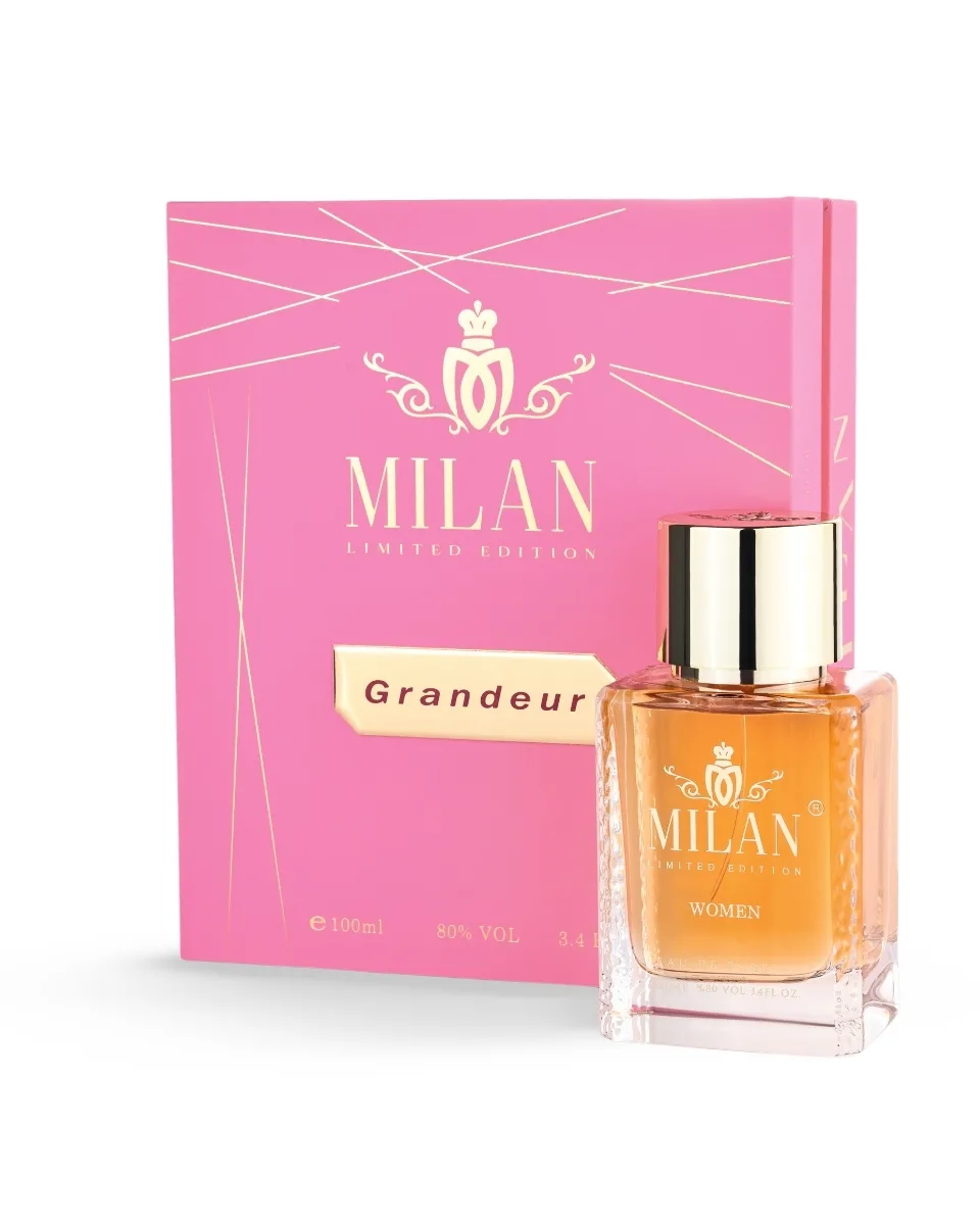 Pink Milan limited edition perfume box with gold detailing and a matching fragrance bottle labeled 'MILAN' and 'WOMEN' in front.